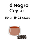 Té negro Ceylán a granel, de color negro oscuro representado en una taza 50 g
