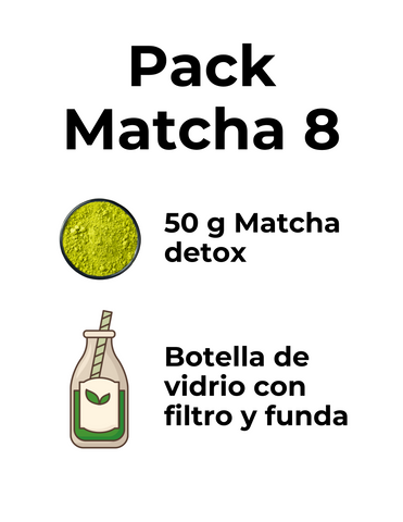 Pack 8: 50 g Té Matcha detox + Botella vidrio con filtro y funda Desafío Detox 50 días