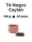 Té negro Ceylán a granel, de color negro oscuro representado en una taza 100 g