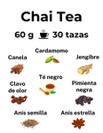 Té chai conocido cómo Chai, Masala chai, Chai tea o té yogui con ingredientes como té negro Ceylán, canela, cardamomo, jengibre, pimienta negra, clavo de olor, anís semilla y anís estrella 60 gramos