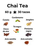 Té chai conocido cómo Chai, Masala chai, Chai tea o té yogui con ingredientes como té negro Ceylán, canela, cardamomo, jengibre, pimienta negra, clavo de olor, anís semilla y anís estrella 60 gramos