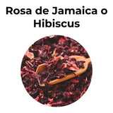Rosa de Jamaica o hibiscus seco para infusión, flor rica en antioxidantes con sabor frutal utilizada para bebidas digestivas y refrescantes.