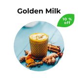 Golden milk o leche dorada con cúrcuma y especias naturales, bebida antiinflamatoria caliente. Se encuentra con un 10 % de descuento.