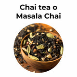 Mezcla de té chai con especias como cardamomo, canela y clavo, infusión cálida y aromática.
