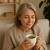 Mujer adulta relajándose en casa mientras disfruta una taza de té caliente Respira invierno, en ambiente acogedor.