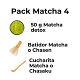 Pack de Matcha detox 50g con batidor de bambú chasen y cucharita chasaku para preparación tradicional de té Matcha.