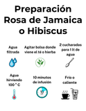 Preparación Rosa de Jamaica o Hibiscus: se recomienda utilizar agua filtrada, agitar bolsa donde viene Hibiscus. Luego agregar 2 cucharadas a 1 litro de agua hirviendo, dejar 10 minutos de infusión y te lo puedes tomar caliente o frío.