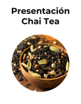 Presentación Chai: puedes visualizar los ingredientes como el té negro, canela, clavo de olor, pimienta negra, jengibre, anís estrella, cardamomo y anís semilla.