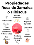 Propiedades Rosa de Jamaica o Hibiscus: antioxidante, ayuda a perder peso, mejora la digestión, depurativa, alivia insomnio, contiene vitamina A, C, B1, E, Baja colesterol, tiene minerales como fierro, fósforo y calcio.