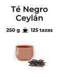 Té negro Ceylán a granel, de color negro oscuro representado en una taza 250 g