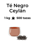 Té negro Ceylán a granel, de color negro oscuro representado en una taza 1 kilo